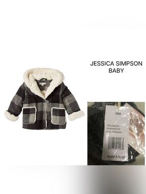 🆕JESSICA SIMPSON BABY - 18M - NWT - BLACK GREY PLAID SHERPA COAT / JACKET
